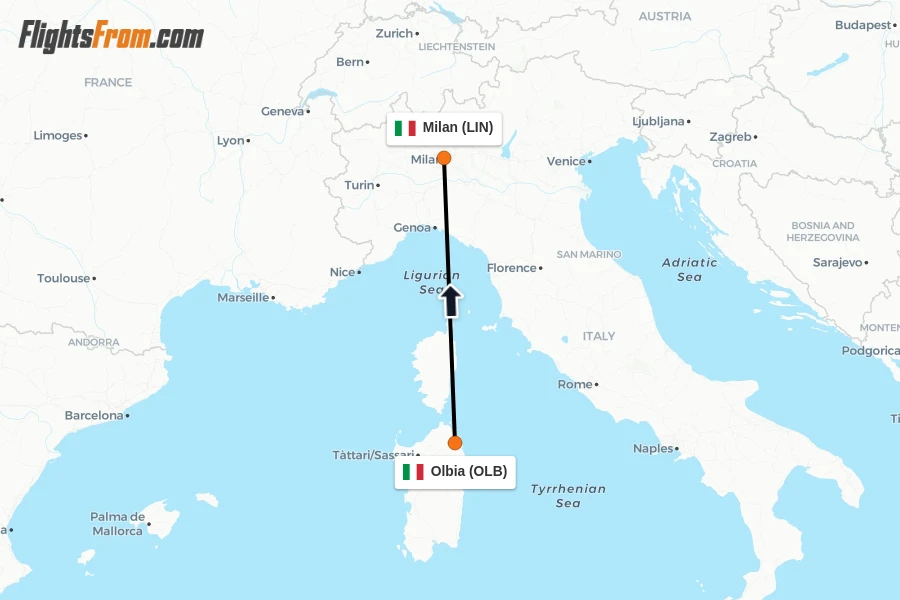 Flights from Olbia to Milan route map