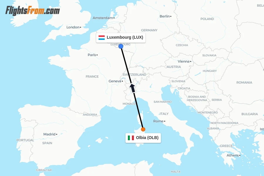 Flights from Olbia to Luxembourg route map