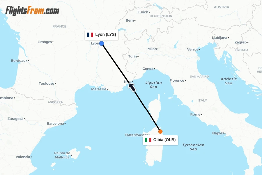Flights from Olbia to Lyon route map
