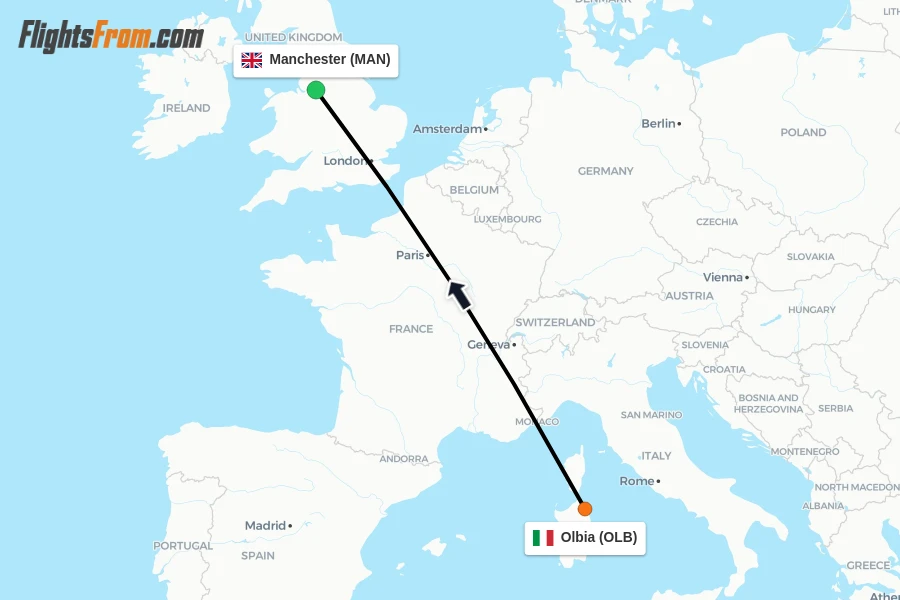 Flights from Olbia to Manchester route map