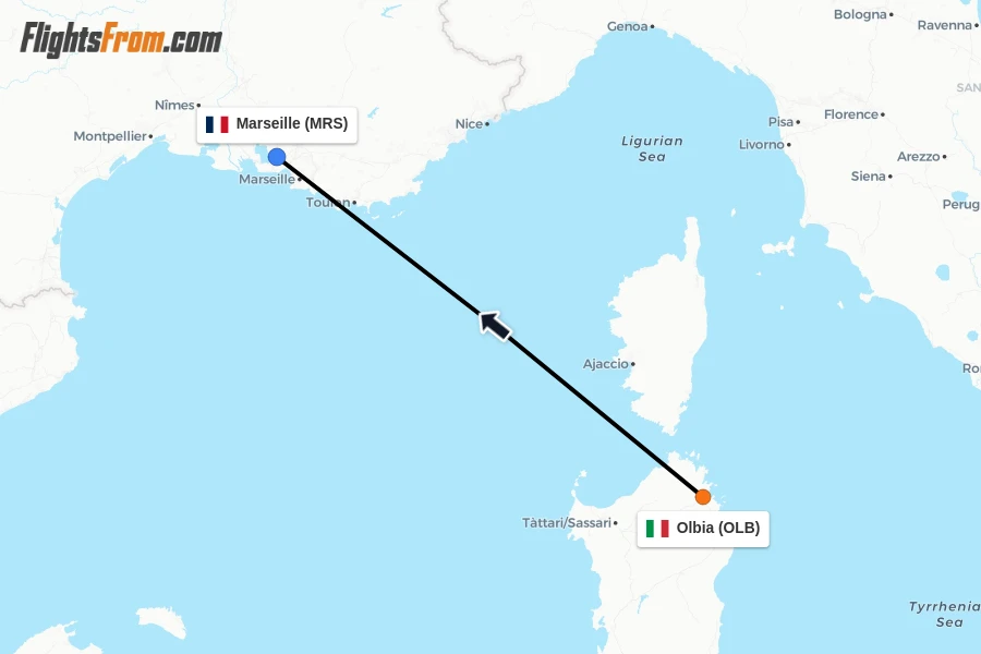 Flights from Olbia to Marseille route map