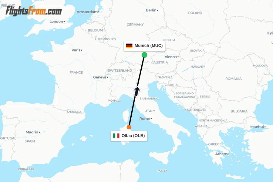 Flights from Olbia to Munich route map