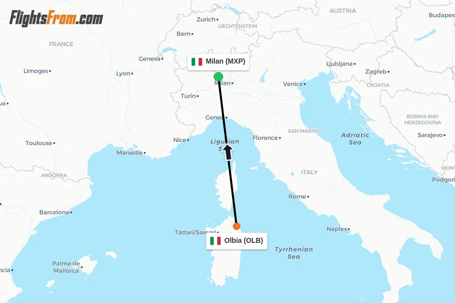 Flights from Olbia to Milan route map