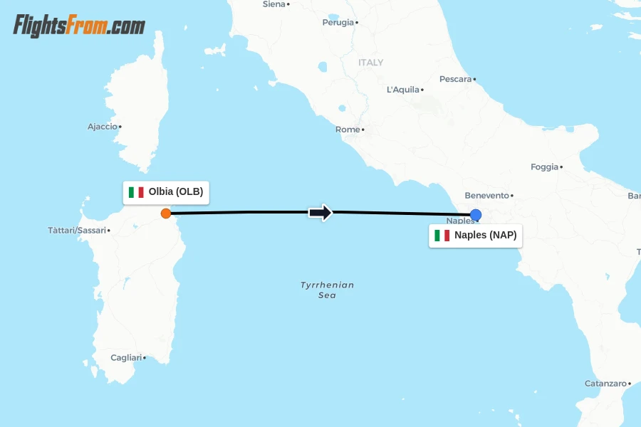 Flights from Olbia to Naples route map