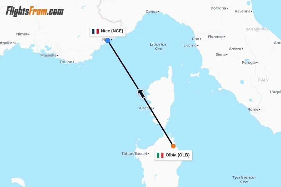 Flights from Olbia to Nice route map