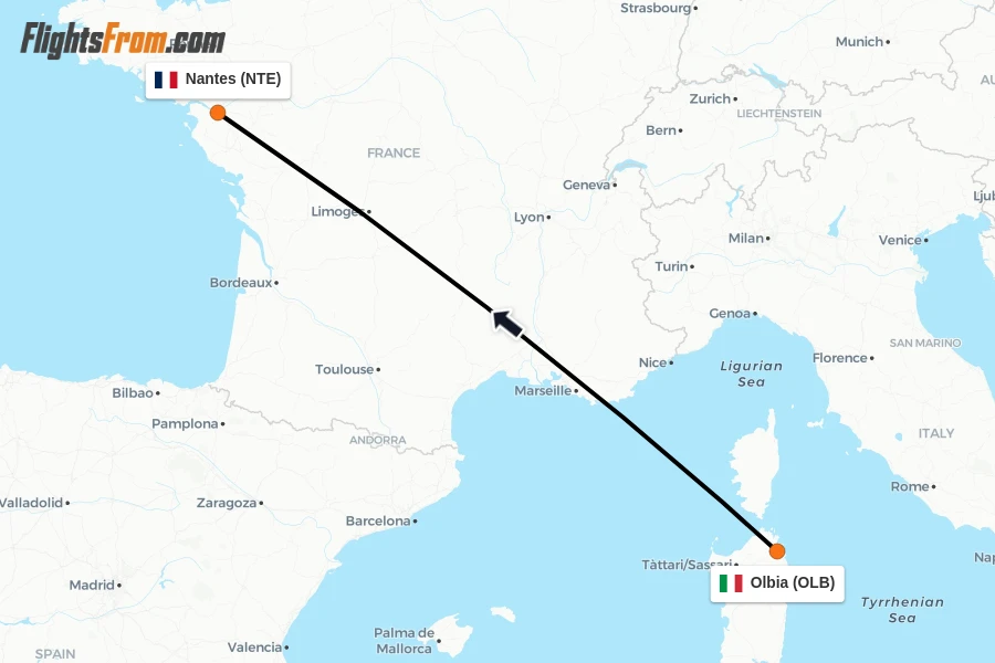 Flights from Olbia to Nantes route map