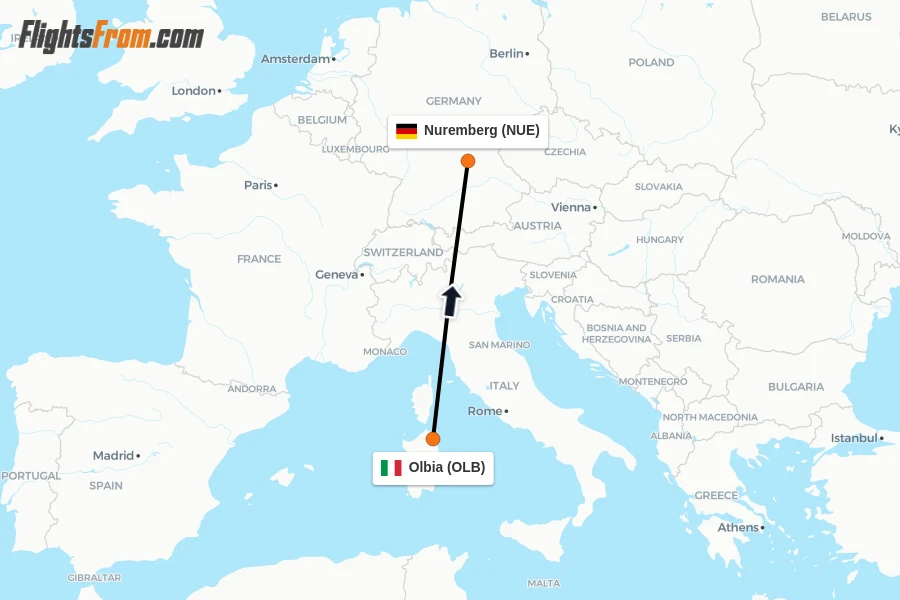Flights from Olbia to Nuremberg route map