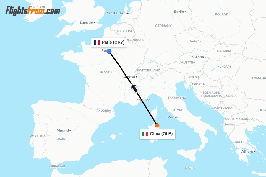 Flights from Olbia to Paris route map