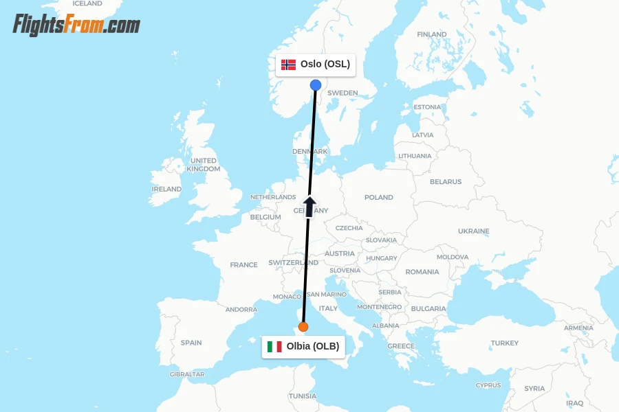 Flights from Olbia to Oslo route map
