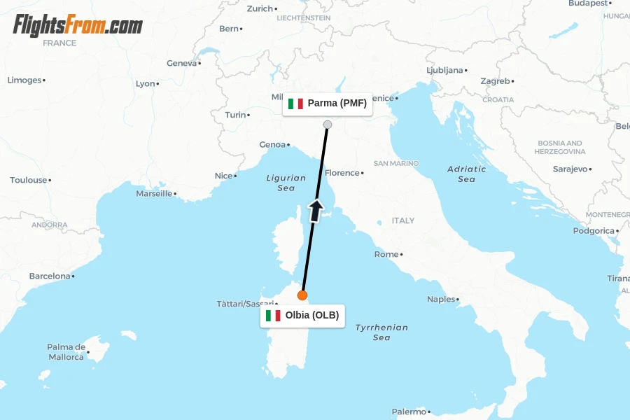Flights from Olbia to Parma route map
