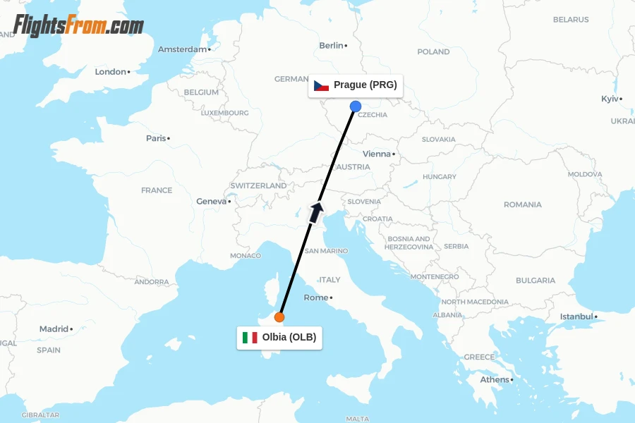 Flights from Olbia to Prague route map