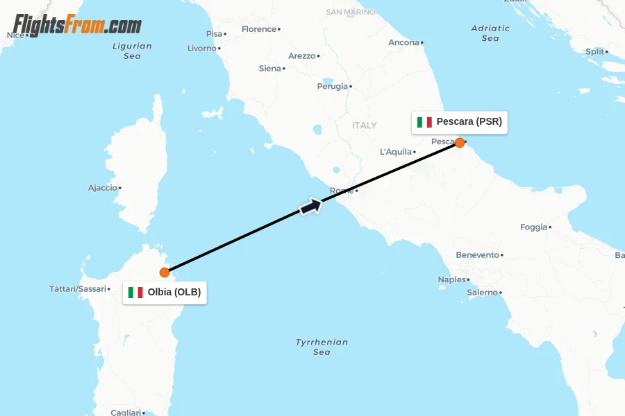 Flights from Olbia to Pescara route map