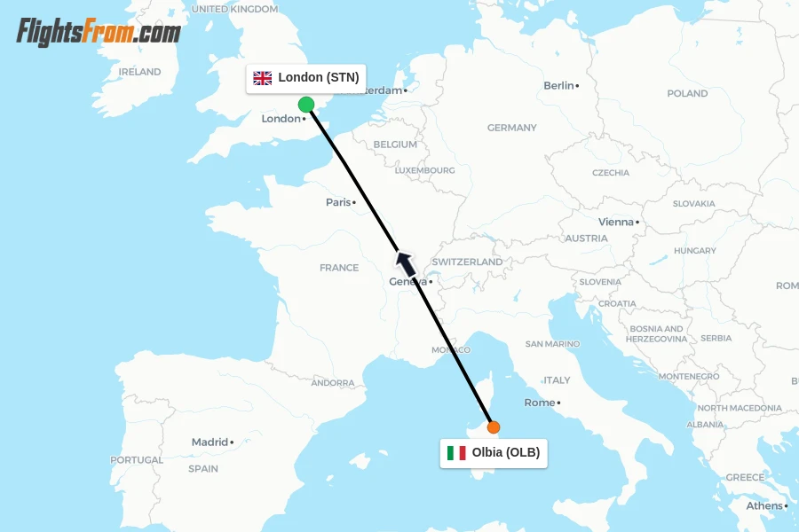 Flights from Olbia to London route map