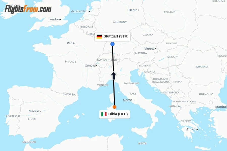 Flights from Olbia to Stuttgart route map
