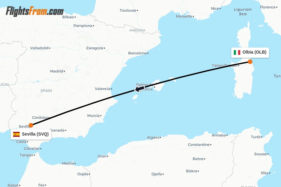Flights from Olbia to Sevilla route map