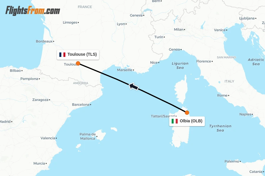 Flights from Olbia to Toulouse route map