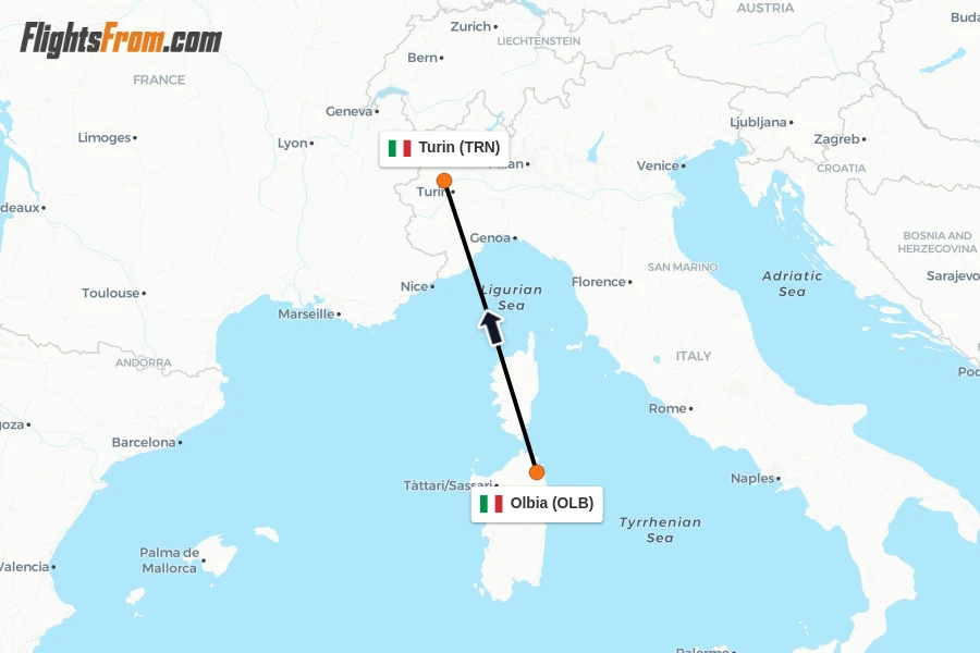 Flights from Olbia to Turin route map