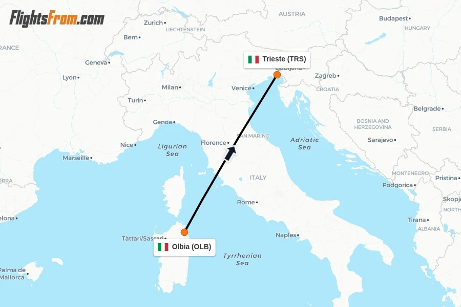 Flights from Olbia to Trieste route map