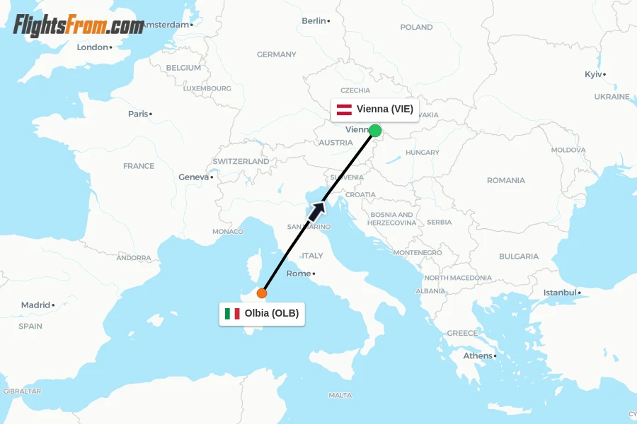 Flights from Olbia to Vienna route map