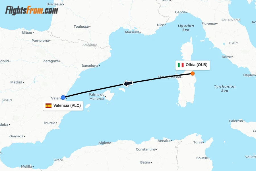 Flights from Olbia to Valencia route map
