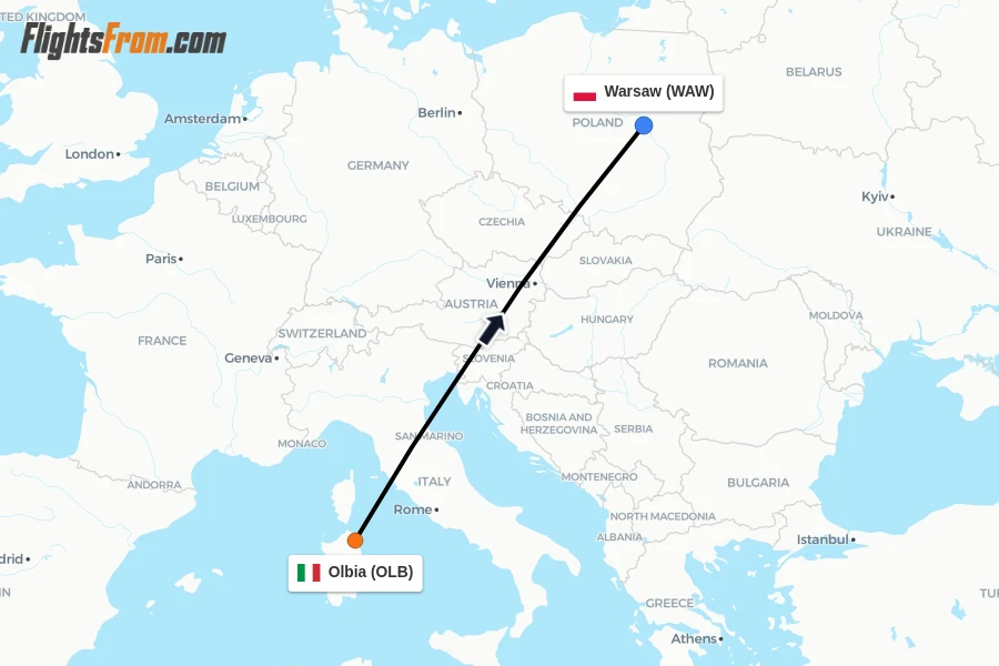 Flights from Olbia to Warsaw route map