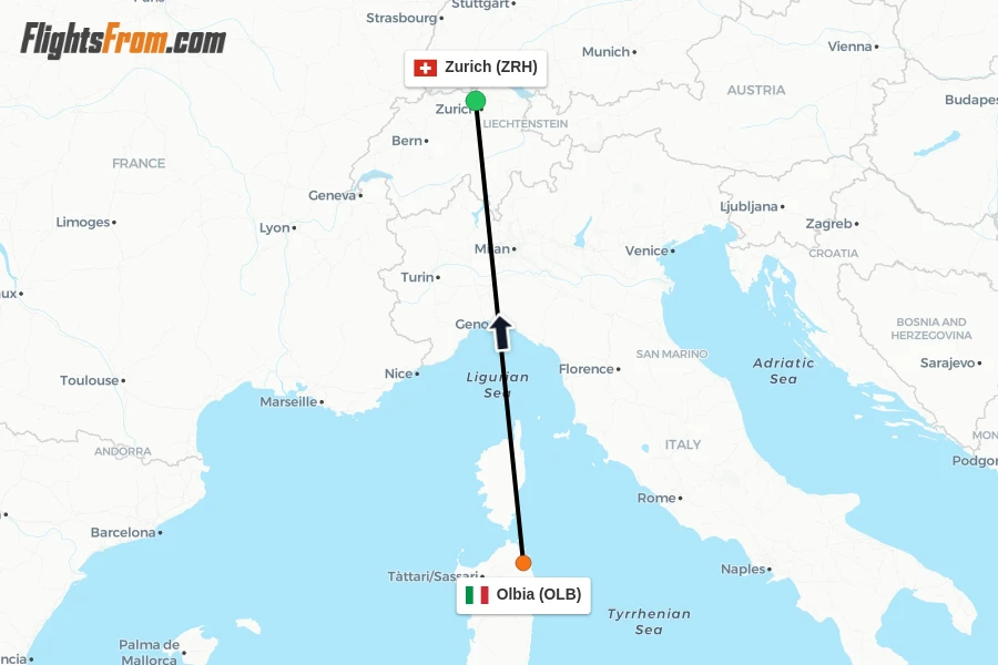 Flights from Olbia to Zurich route map