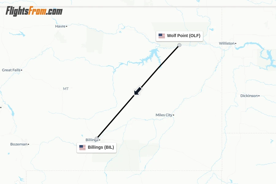 Flights from Wolf Point to Billings route map