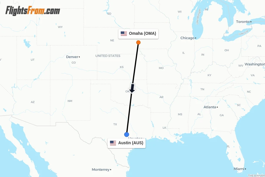Flights from Omaha to Austin route map