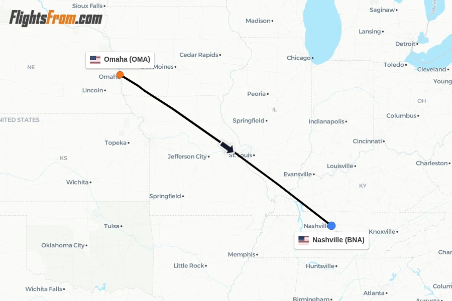 Flights from Omaha to Nashville route map