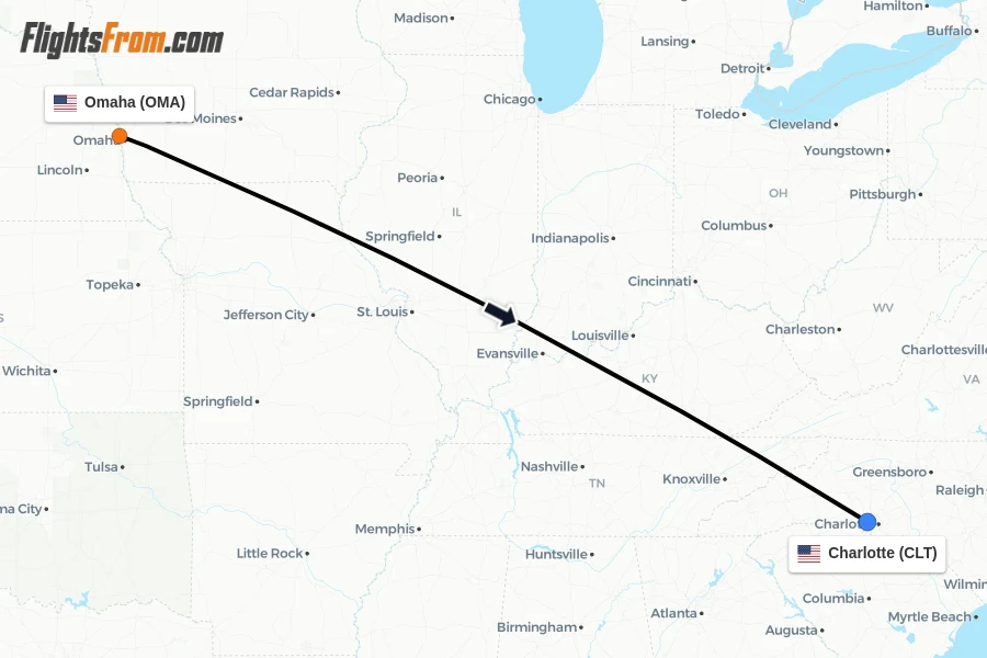Flights from Omaha to Charlotte route map