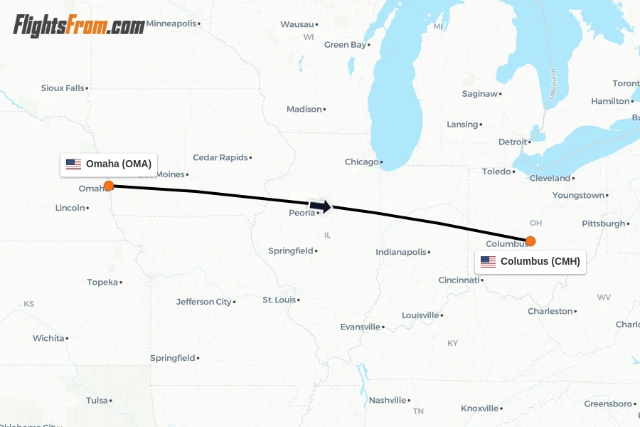 Flights from Omaha to Columbus route map