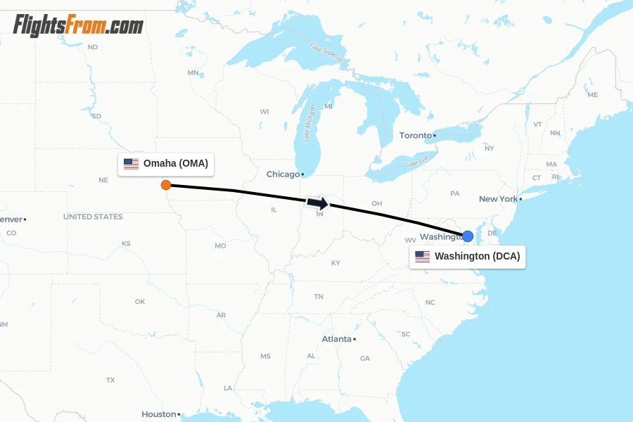 Flights from Omaha to Washington route map