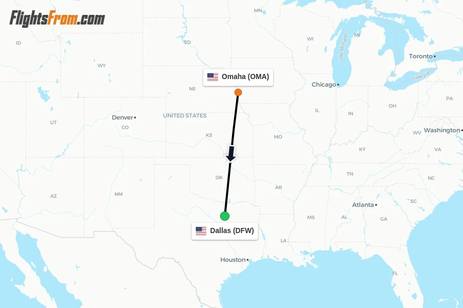 Flights from Omaha to Dallas route map