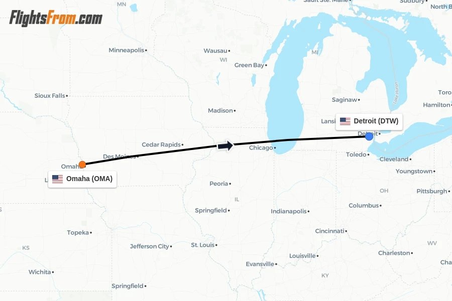 Flights from Omaha to Detroit route map