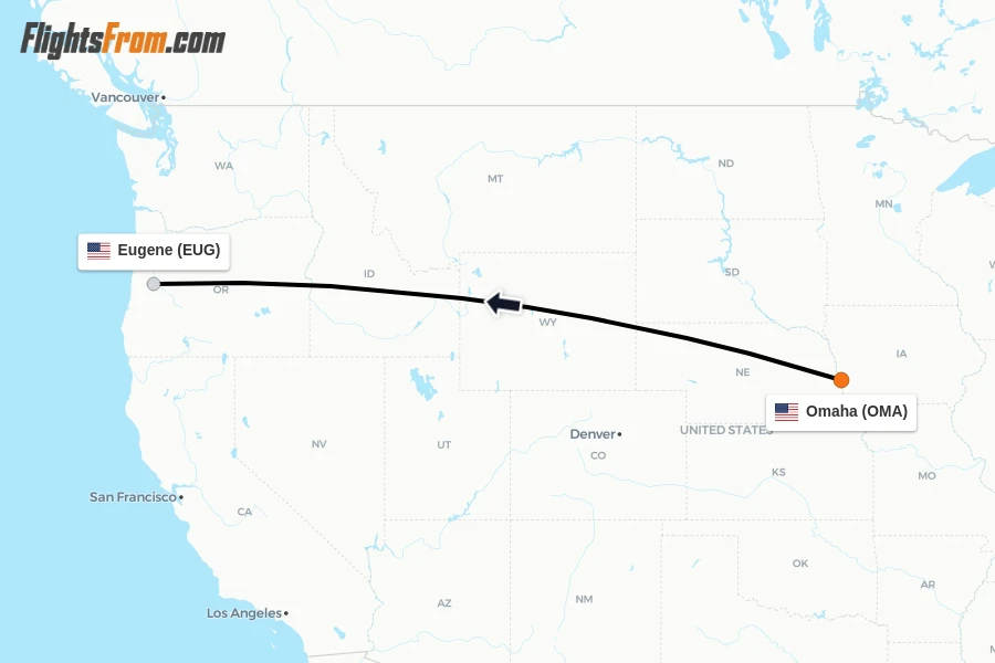 Flights from Omaha to Eugene route map