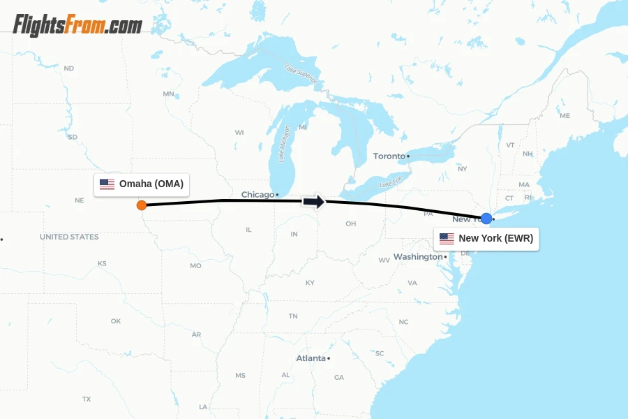 Flights from Omaha to New York route map