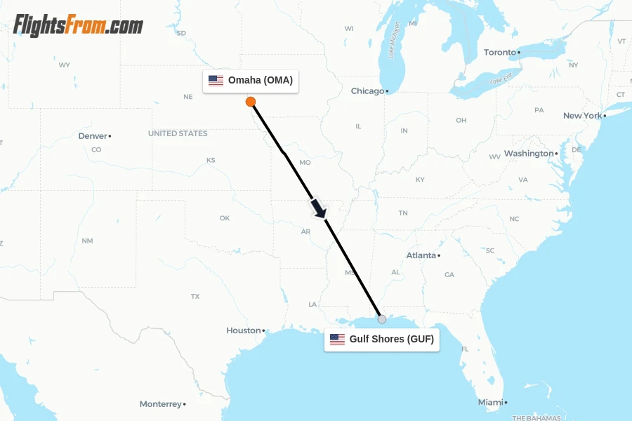 Flights from Omaha to Gulf Shores route map