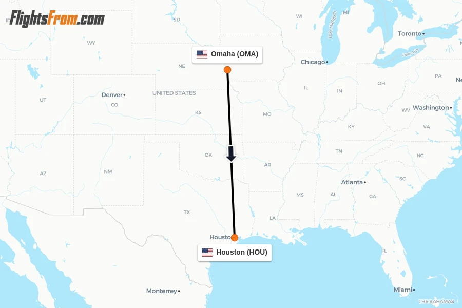 Flights from Omaha to Houston route map