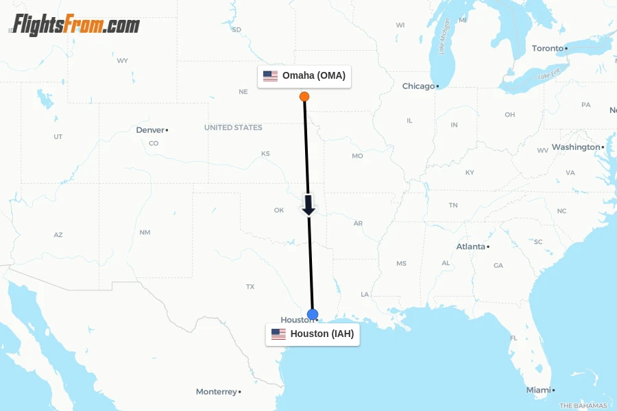 Flights from Omaha to Houston route map