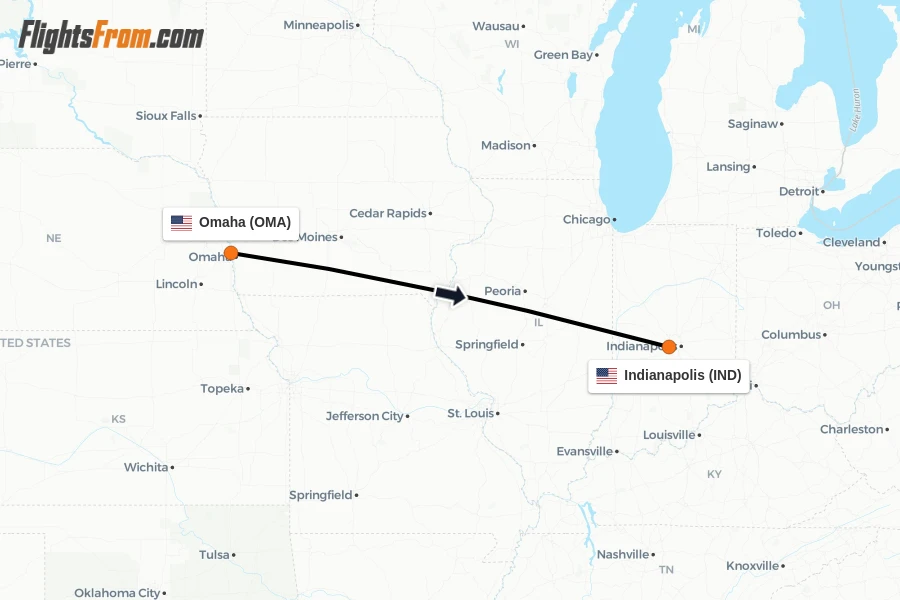 Flights from Omaha to Indianapolis route map