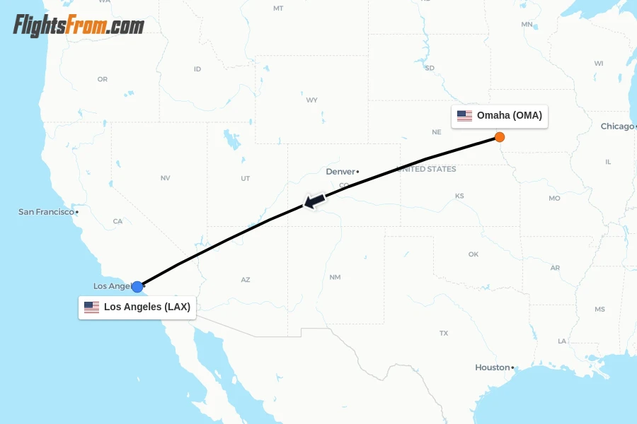 Flights from Omaha to Los Angeles route map