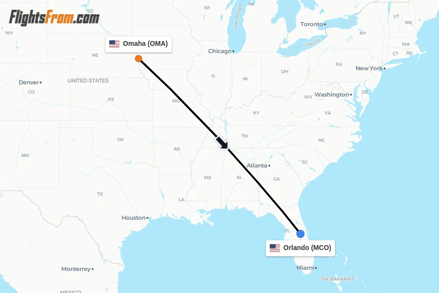 Flights from Omaha to Orlando route map