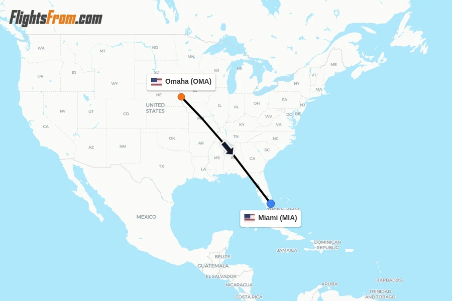 Flights from Omaha to Miami route map