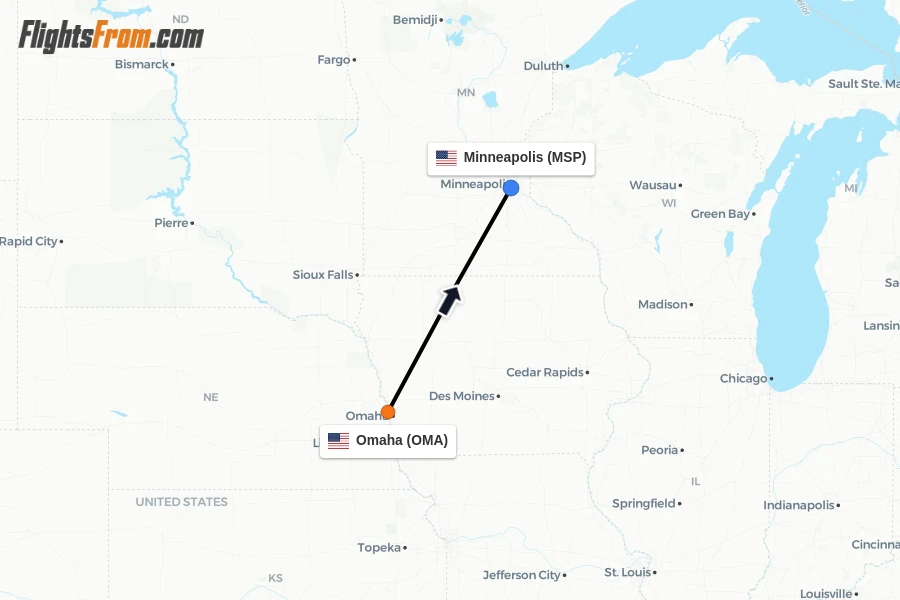 Flights from Omaha to Minneapolis route map