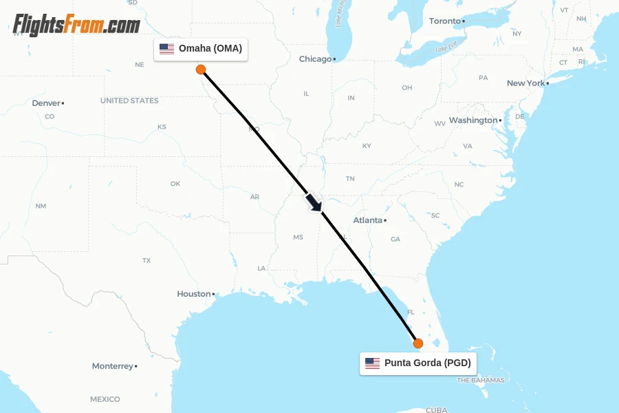 Flights from Omaha to Punta Gorda route map