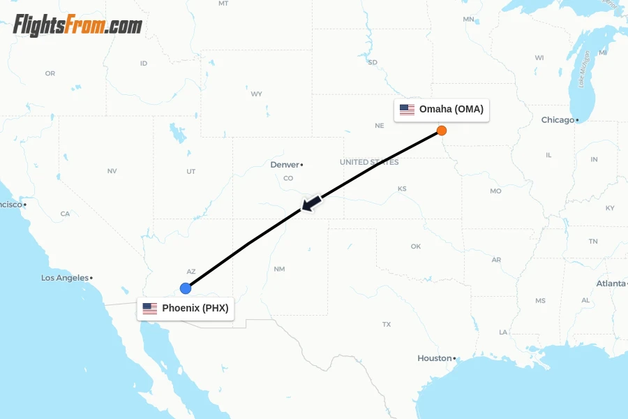 Flights from Omaha to Phoenix route map