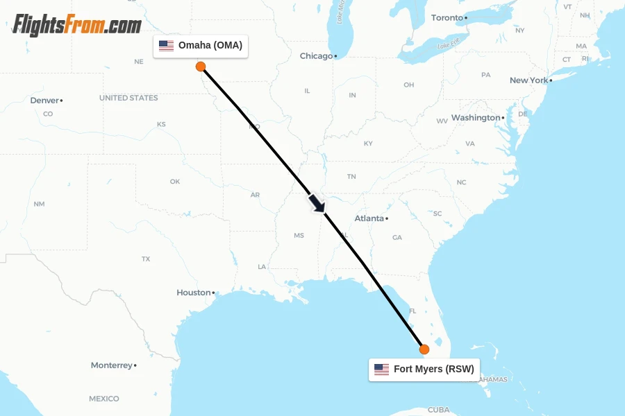 Flights from Omaha to Fort Myers route map