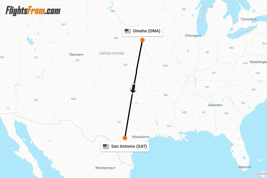 Flights from Omaha to San Antonio route map