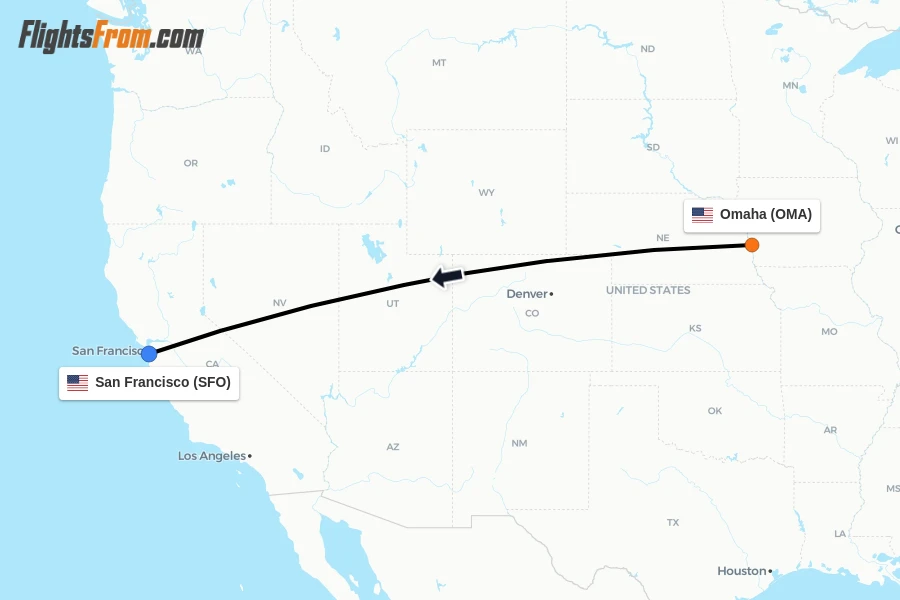 Flights from Omaha to San Francisco route map