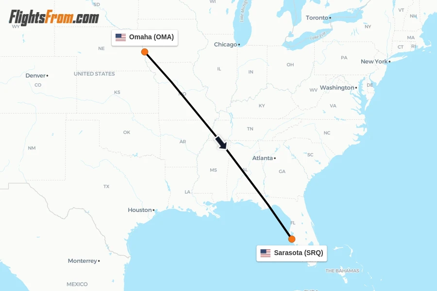Flights from Omaha to Sarasota route map
